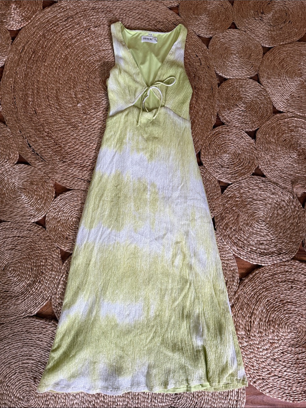 Anthropologie Lime and White Tie-Front Maxi Dress